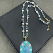 Necklace — Natural Aquamarine Raw Stone & Freshwater Pearl Inlay Jewelry Set