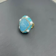 Ring — Natural Aquamarine Raw Stone & Freshwater Pearl Inlay Jewelry Set