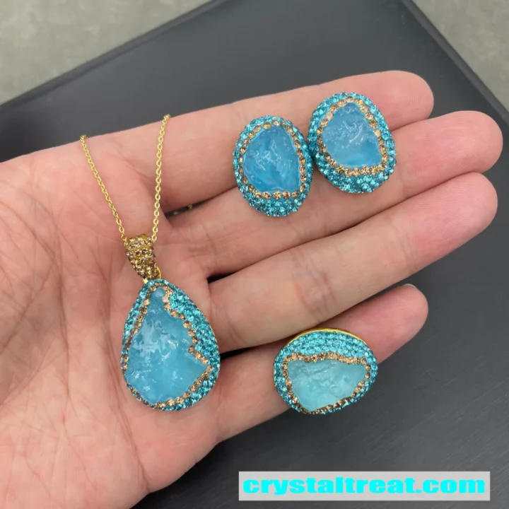 Natural Aquamarine Raw Stone Inlay Jewelry Set product image 1