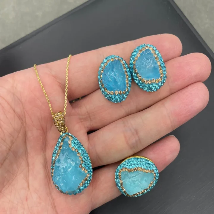 Natural Aquamarine Raw Stone Inlay Jewelry Set product image 1
