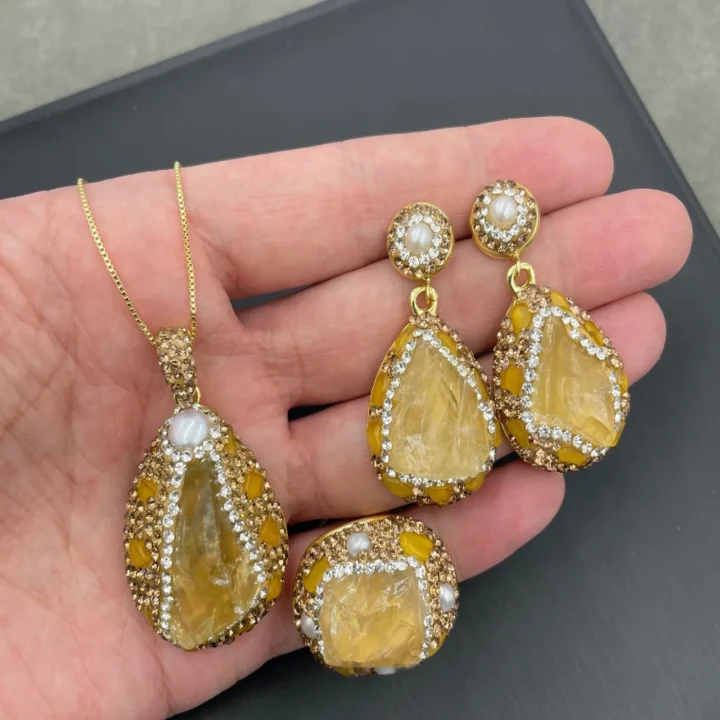 Natural Handmade Raw Citrine and Pearl Jewelry Set product image 1