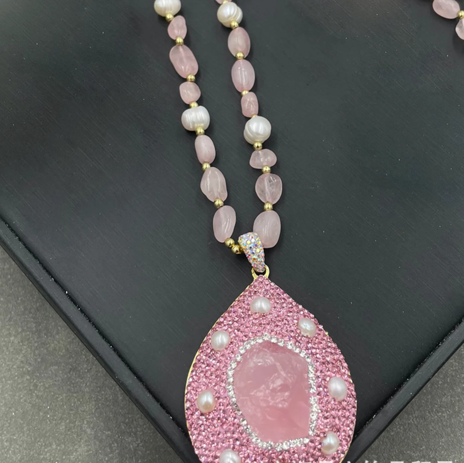 Natural Raw Rose Quartz and Pearl Jewelry Set