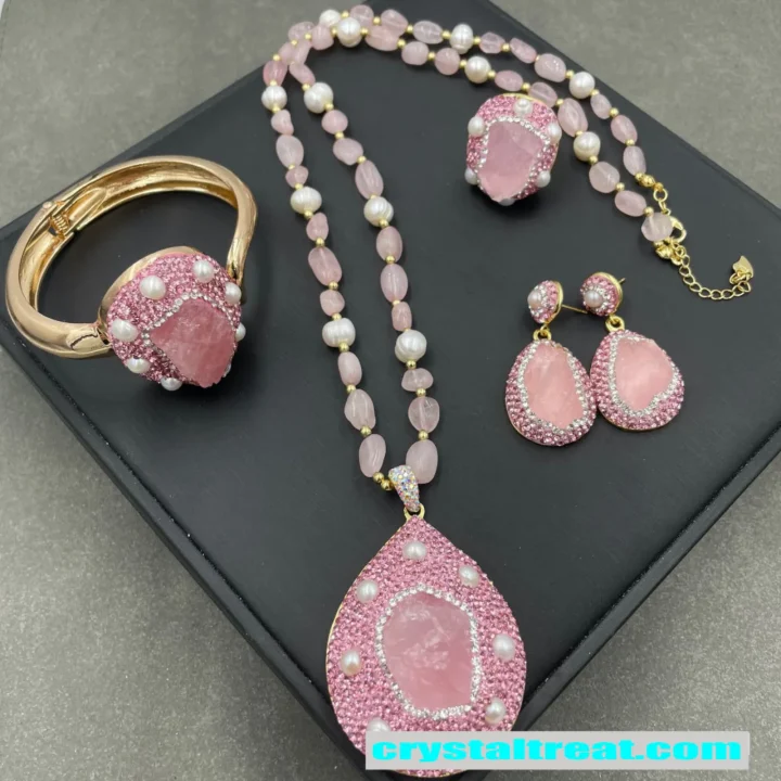 natural-raw-rose-quartz-and-pearl Jewelry sets
