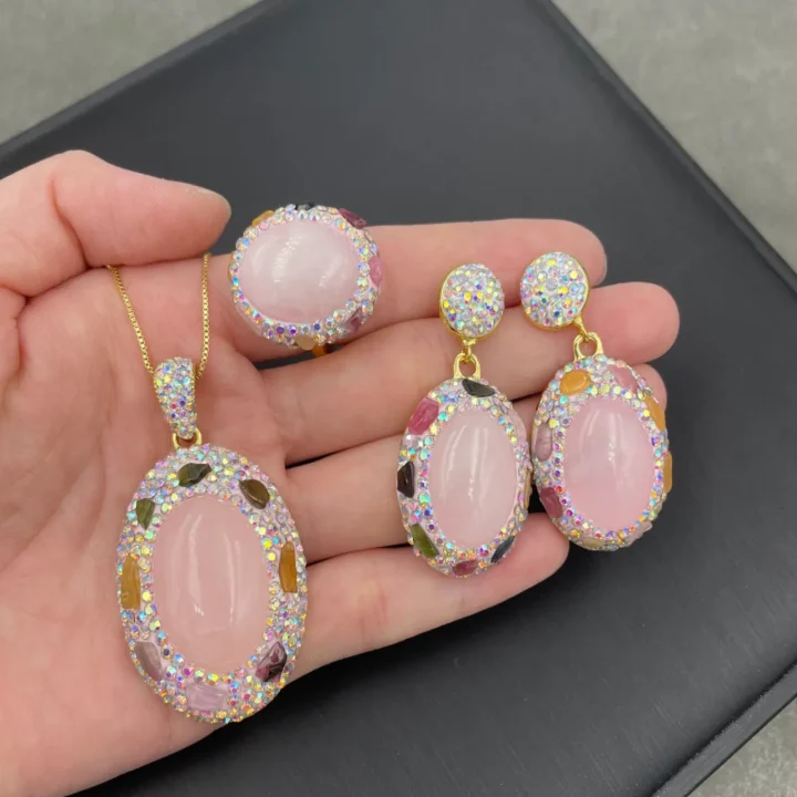 Natural Rose Quartz & Tourmaline Inlay Jewelry Set product image 1
