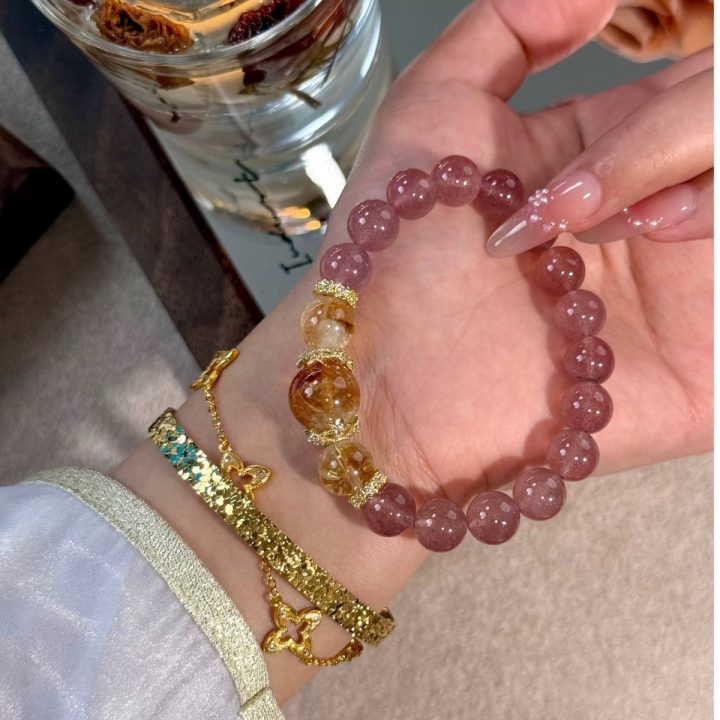 Natural strawberry pink quartz beaded bracelet product image 1
